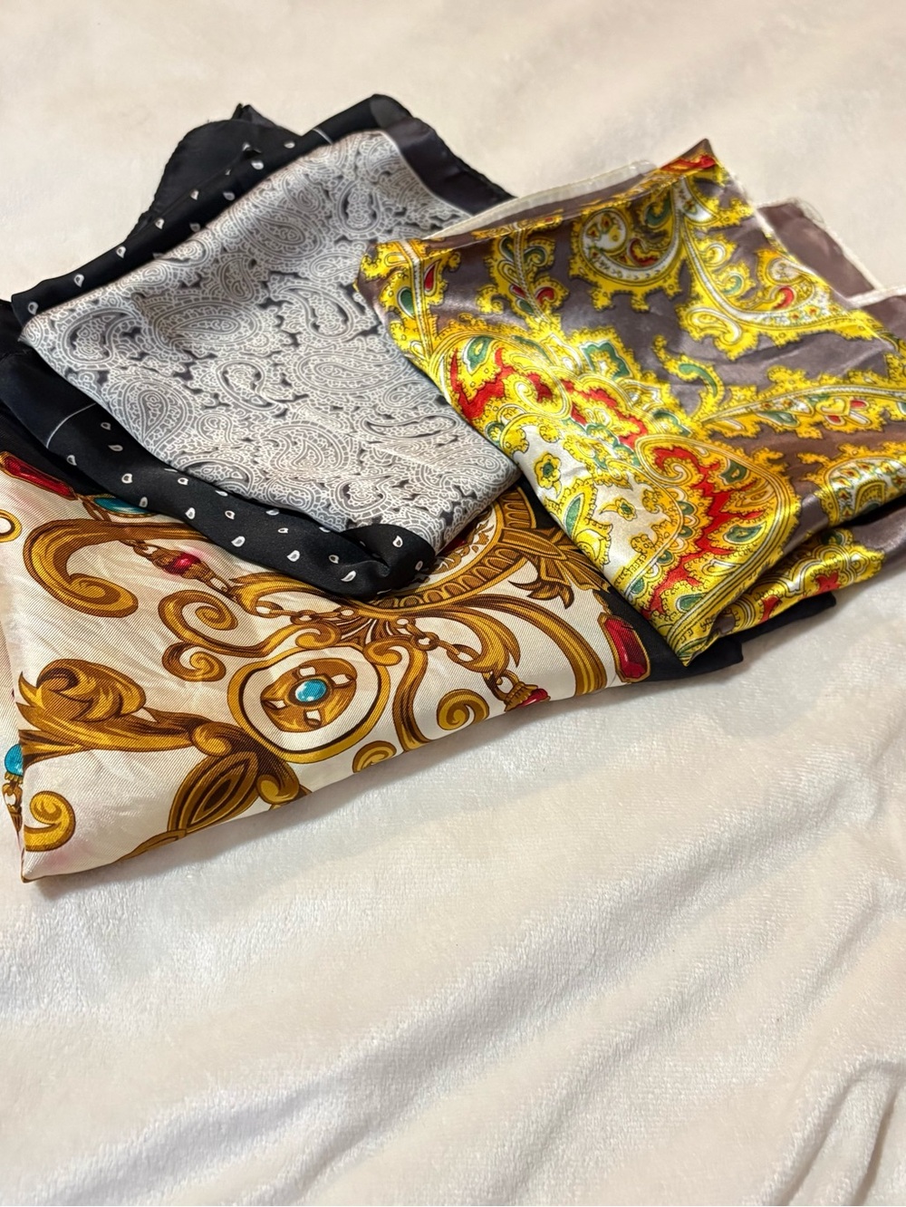 3 Bundle Lot Vintage Scarf; Echo Silk + Mixed Fabrics Paisley Baroque
